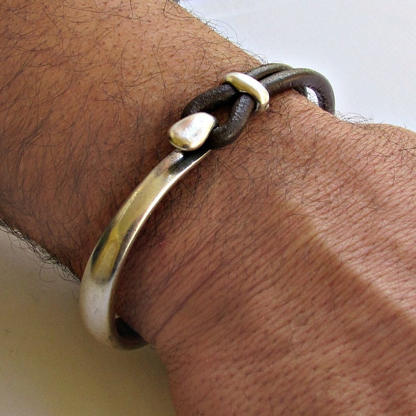 Mens Sterling Silver 925 Bracelet Leather, Black, Brown Mens Leather Bracelet, Customized on your wrist