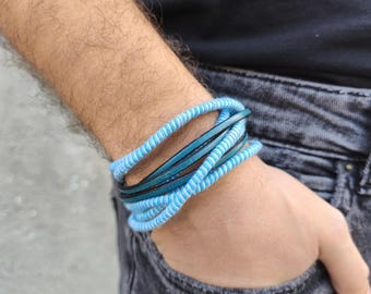 Handmade Leather & Cotton Wrap Bracelet: Magnetic Boho Style