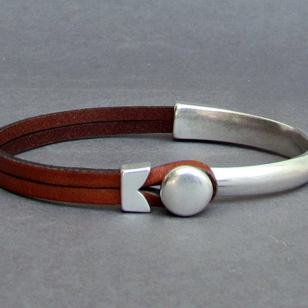 Mens Leather Bracelet: Silver Clasp, Personalized Boyfriend Gift