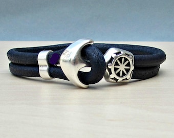 Blue Anchor Bracelet Mens Blue Leather Cord bracelet Cuff Sailing Bracelet Customized On Your Wrist.