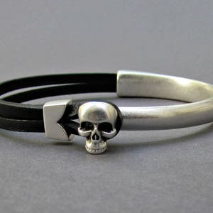Silver Skull Bracelet Cuff, Mens Leather Bracelet, Antique Silver Plated Bracelet Cuff, Customized On Your WristFathers day gift