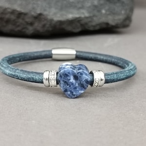 Sodalite Heart Leather Bracelet: Silver Plated Beaded Gemstone