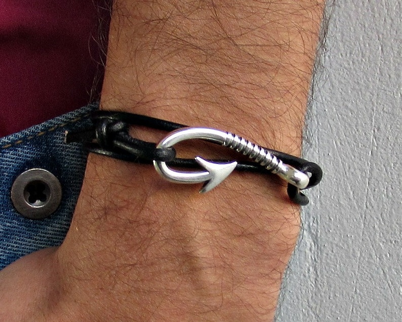 Fish Hook Leather Bracelet Mens Nautical Anchor Wrap Bracelet Etsy