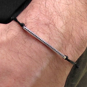 Men&#39;s Silver Bar Cord Bracelet: Adjustable Minimalist Jewelry