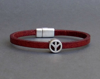 Peace Sign Mens Bracelet, Leather Bracelet, Leather Mens Bracelet, Silver Plated Customized On Your Wrist Fathers day gift