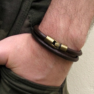 Mens Double Wrap Leather Bracelet: Antique Silver Hook Clasp