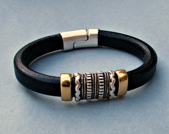 Silver Gold Mens Leather Bracelet, Cuff, Customized On Your WristFathers day gift