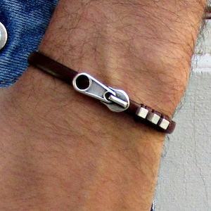 Zipper  Mens Leather Bracelet Cuff Dainty Silver Unisex Bracelet Customized On Your WristFathers day gift