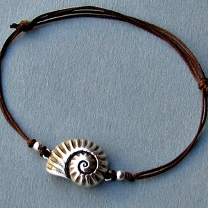 Nautilus Shell, Unisex Bracelet, Silver Spiral Shell Charm, Cord Bracelet For Men, Gift for him, her, Unisex Jewelry, Adjustable image 3