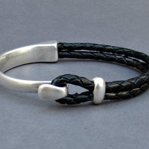 Braided Leather Bracelet, braided, Men Bracelet, Leather Bracelet, Black Brown Leather Mens Bracelet, Silver Plated Customized On Your Wrist image 1