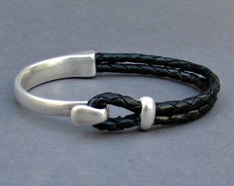 Braided Leather Bracelet, braided, Men Bracelet, Leather Bracelet, Black Brown Leather Mens Bracelet, Silver Plated Customized On Your Wrist