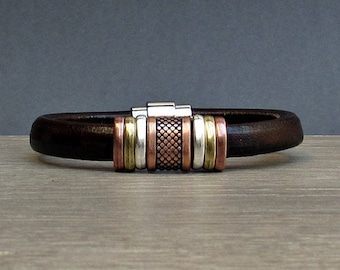 Pulsera de cuero para hombre: brazalete magnético bañado en cobre y plata