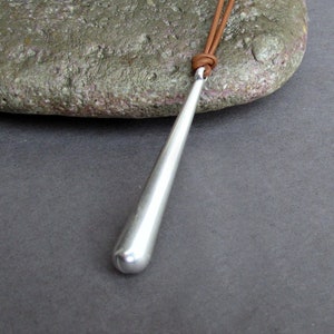 Long Drop Pendant Necklace: Silver Minimalist Leather Cord, Adjustable