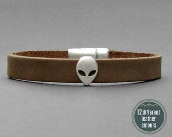 Alien Mens Leather Bracelet Cuff Leather Mens Bracelet Cuff Silver Plating  Customized On Your WristFathers day gift