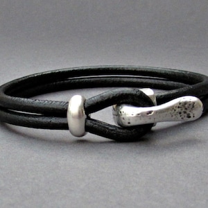 Silver Hook Mens Bracelet, Leather Bracelet, Antique Silver Plated, Rustic Mens Bracelet, Mens Valentine's Gift, Customized On Your Wrist