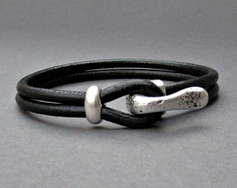 Silver Hook Mens Bracelet, Leather Bracelet, Antique Silver Plated, Rustic Mens Bracelet, Mens Valentine's Gift, Customized On Your Wrist