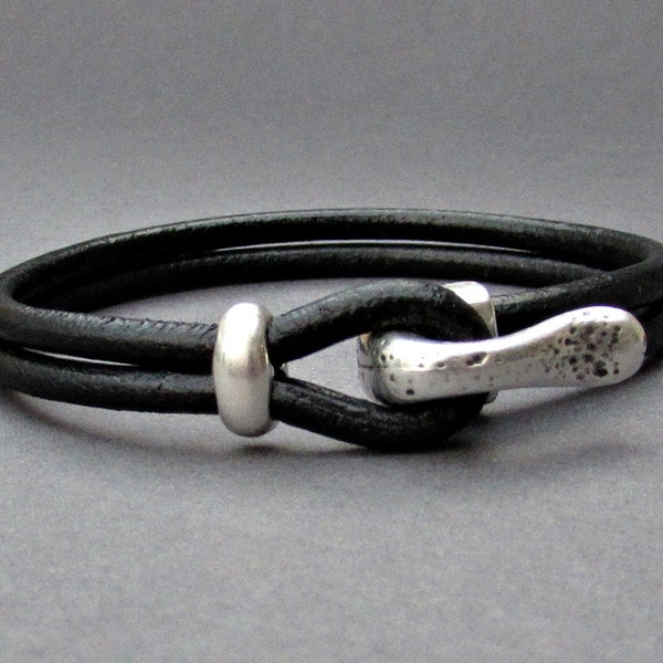 Rustic Leather Mens Bracelet: Antique Silver Hook Clasp