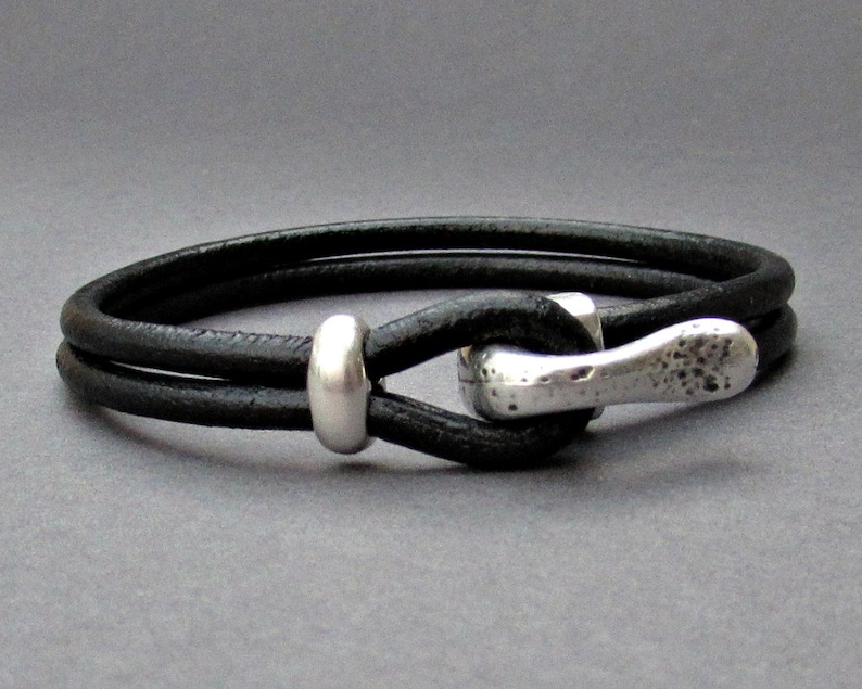 Silver Hook Mens Bracelet, Leather Bracelet, Antique Silver Plated, Rustic Mens Bracelet, Mens Valentine's Gift, Customized On Your Wrist 