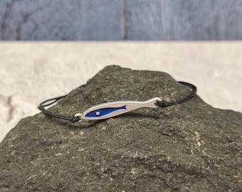 Minimalist Fish Bracelet: Nautical Cord Bracelet with Blue Enamel