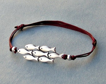 A Scool Of Fish, Men's Bracelet, Silver Fish Charm, Cord Bracelet For Men, Gift for him, Bestfriend Bracelet, mens jewelry, Adjustable