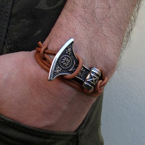 Viking Axe Mens Leather Bracelet Boho Wrap Bracelet Cuff Adjustable