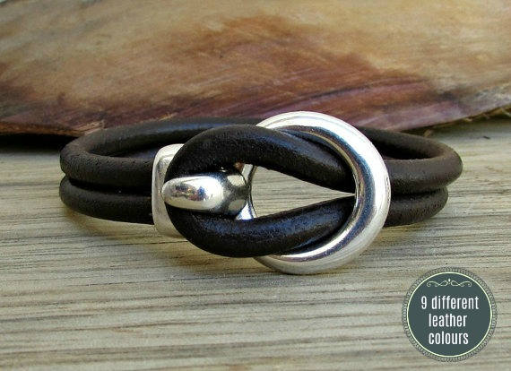 Sterling Silver 925 Mens Leather Bracelet Cuff Nautical Hook