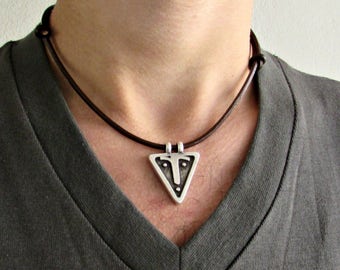 Triangle Face, Mens Silver Rustic, Leather Necklace, Best Friend, Boyfriend Gift Adjustable