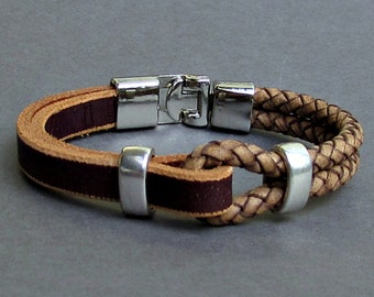 Pulsera de cuero trenzado: brazalete personalizado para hombre, marrón natural