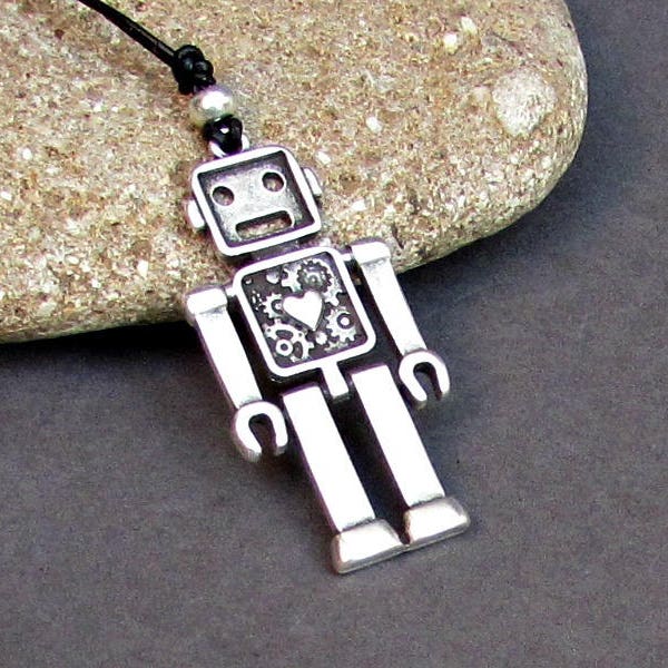 Robot Emilio Mens Necklace Pendant, Mens Silver Leather Necklace, Best Friend, Boyfriend Gift Adjustable