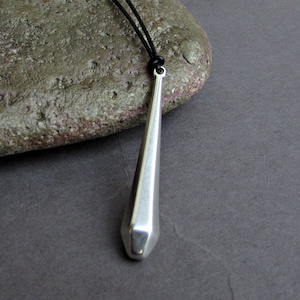 Teardrop Geometric Mens Necklace: Silver Pendant, Adjustable Leather Cord