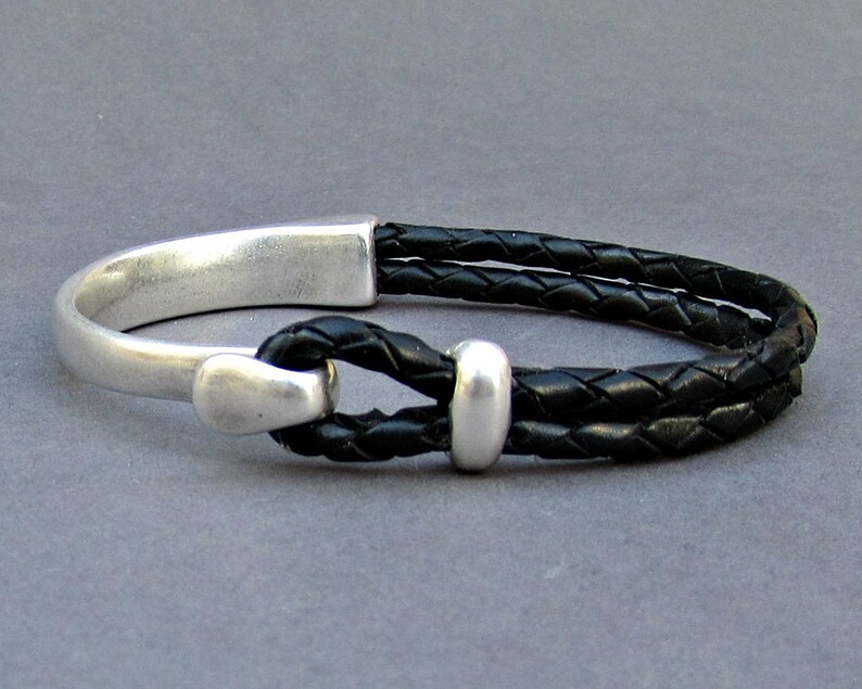 Braided Leather Bracelet, braided, Men Bracelet, Leather Bracelet, Black Brown Leather Mens Bracelet, Silver Plated Customized On Your Wrist image 5