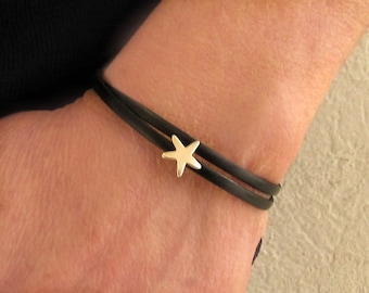 Double Wrap Leather Bracelet,Tiny Starfish Bracelet, Unisex Bracelet, Boyfriend Gift, Gift For Him, Wide 3 mm Customized On Your Wrist