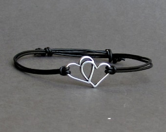 Two Hearts Leather Bracelet: Silver Charm, Adjustable Couples Jewelry