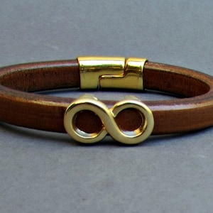 Gold Silver Mens Leather Bracelet Infinity Leather Mens Bracelet Cuff, Magnetic Clasp Customized On Your WristFathers day gift