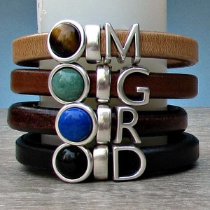 Personalized Mens Leather Bracelet: Initial Silver & Gemstone Bangle