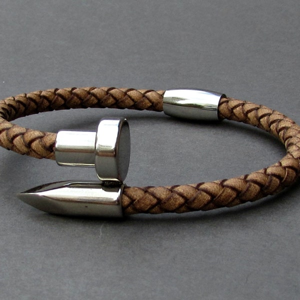 Nail Bracelet, Mens Leather Bracelet, Braided Bracelet For Men, Customized On Your Wrist