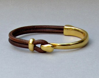 Gold, Unisex, Leather Bracelet,Cuff, Black, Brown Leather Unisex Bracelet Bangle, Gold 24k Plated Customized On Your Wrist