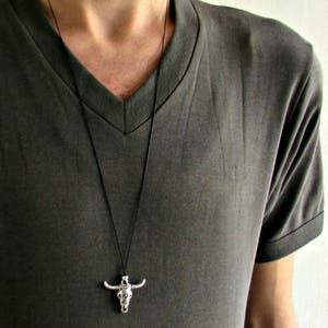 Silver Bull Skull Pendant Necklace: Adjustable Leather Cord
