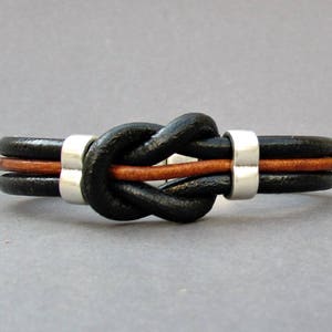 Nautical Knot Mens Leather Bracelet, Black Brown Natural Leather Mens Bracelet, Silver Plated Customized On Your WristFathers day gift