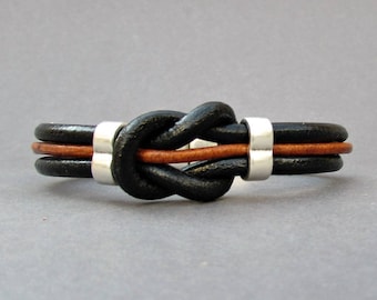 Nautical Knot Mens Leather Bracelet, Black Brown Natural Leather Mens Bracelet, Silver Plated Customized On Your WristFathers day gift