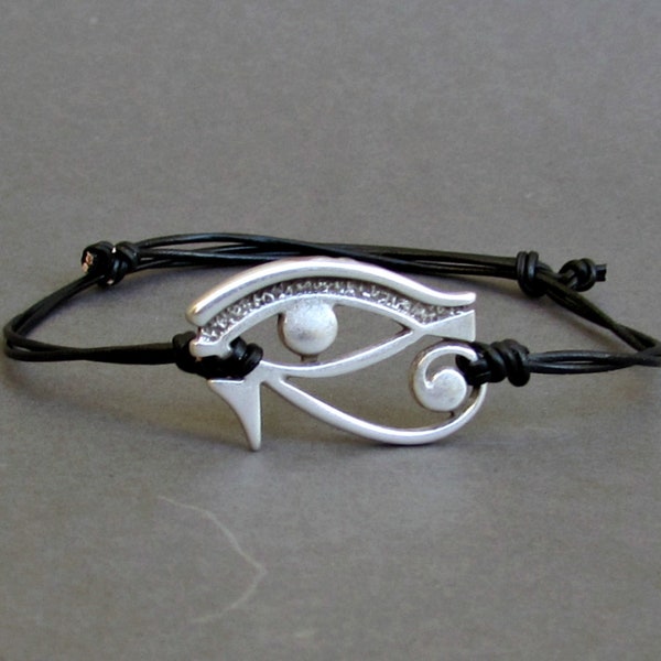 Eye Of Horus, Silver Bracelet, Eye Of Ra, Unisex Leather Cord Bracelet His And Hers Silver Dainty Bracelet Adjustable