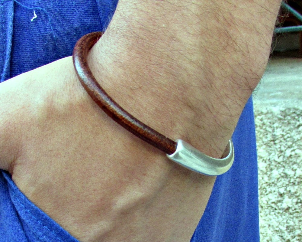 Mens Leather Bracelet Mens Brown Black Leather Bracelet Cuff Etsy
