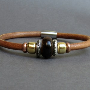 Tiger&#39;s Eye Leather Bracelet: Beaded Gemstone, Silver Plated, Custom Size