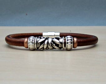 Mens Beaded Bracelet, Mens Leather Bracelet,  Bracelet For Him, Antique Silver Plated, Customized On Your WristFathers day gift