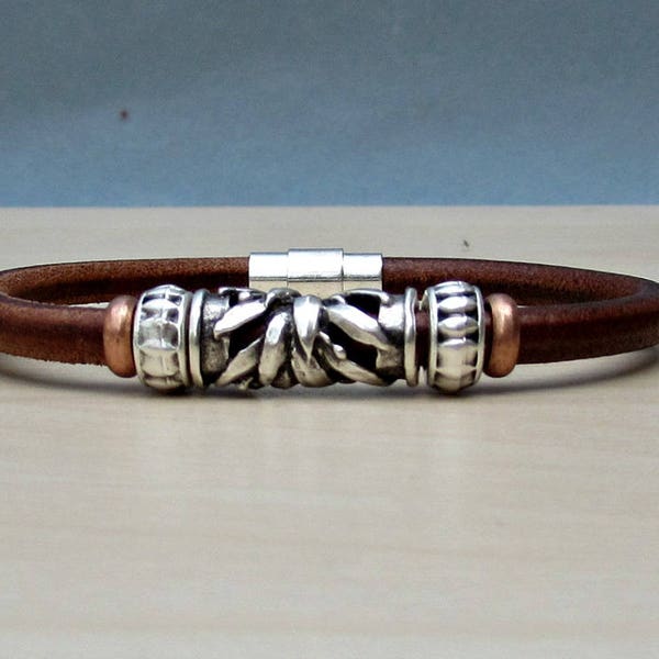 Mens Leather Bracelet: Antique Silver Plated Beaded Design