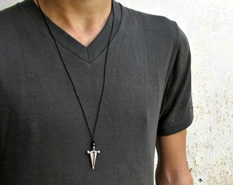 Ancient Greek Arrowhead Mens Necklace Pendant, Mens Silver Rustic Leather Necklace, Best Friend, Boyfriend Gift Adjustable