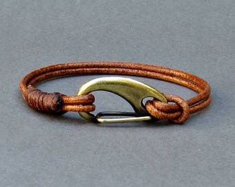 Mens Leather Shackle Bracelet Mens Bronze Nautical Carabiner Leather bracelet Cuff Customized On Your Wrist Fathers day gift