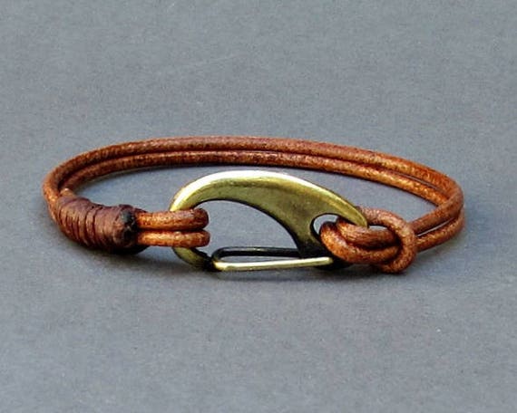 Mens Leather Shackle Bracelet Mens Bronze Nautical Carabiner Leather  Bracelet Cuff Customized on Your Wrist Fathers Day Gift 