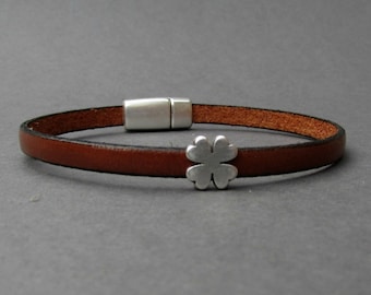 Four Leaf Clover Mens Leather Bracelet Cuff Boyfriend Gift Customized On Your Wrist