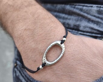 Hammered Oval Bracelet, Adjustable Cord, Unisex Boho Jewelry